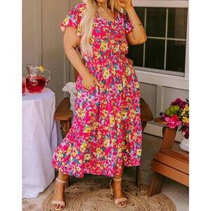 NEW DEAR LOVER vibrant v-neck midi dress in pink multi
